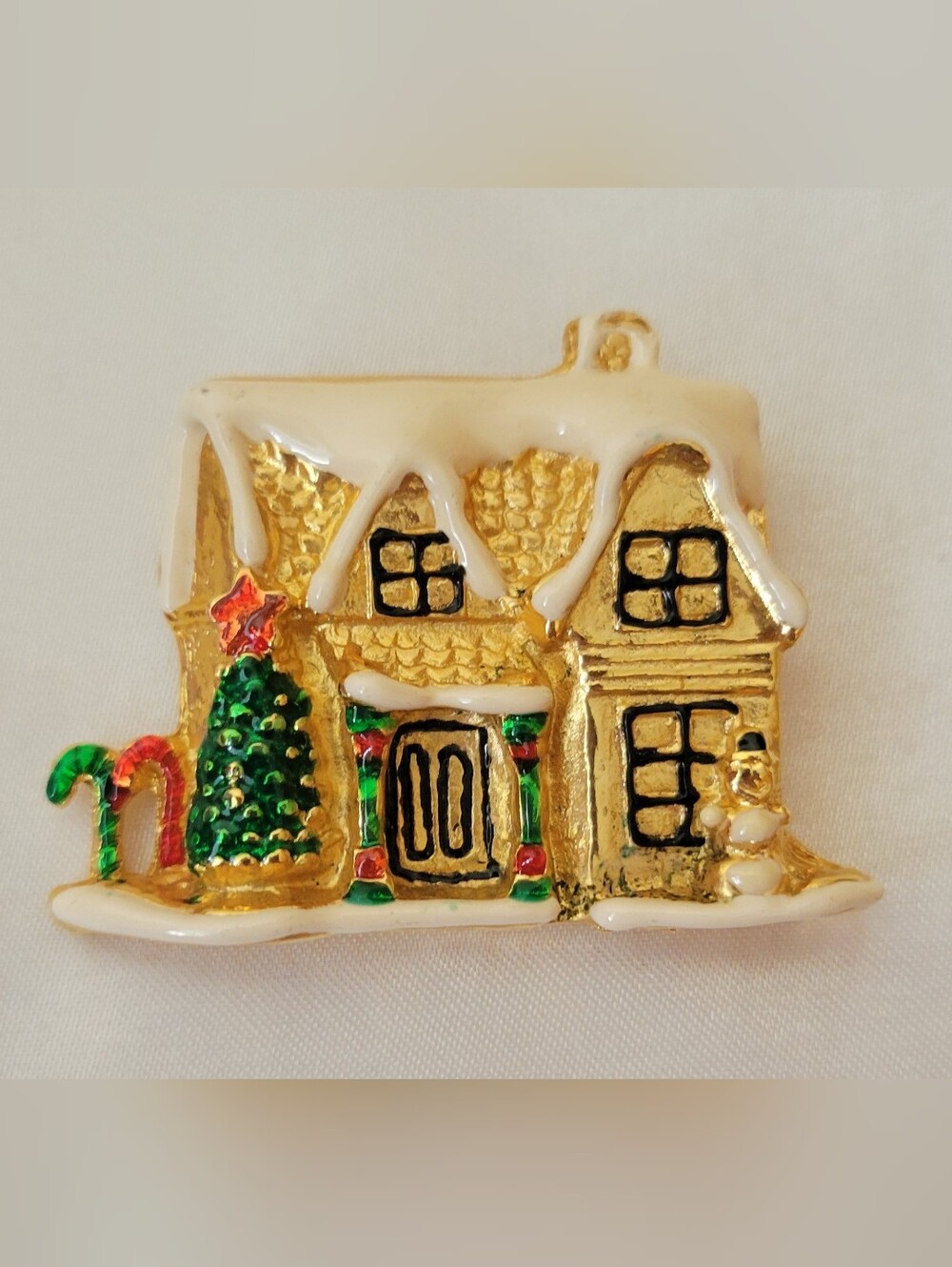 Holiday Gold House Ornament with Green Tree